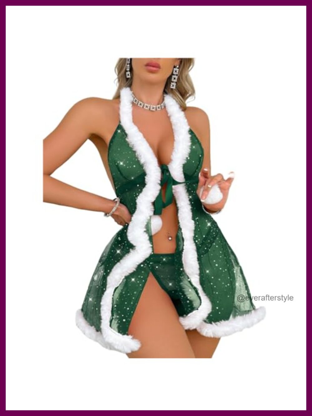 Women's Sheer Mesh Santa Babydoll Lingerie Set Unwrap Front